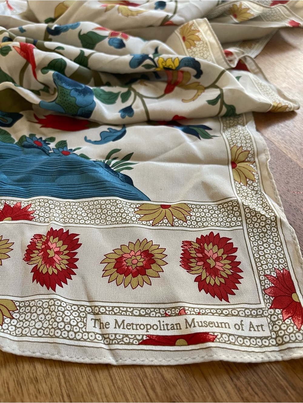The Metropolitan Museum of Art Floral Silk Scarf - Cream with Red & Blue Accents